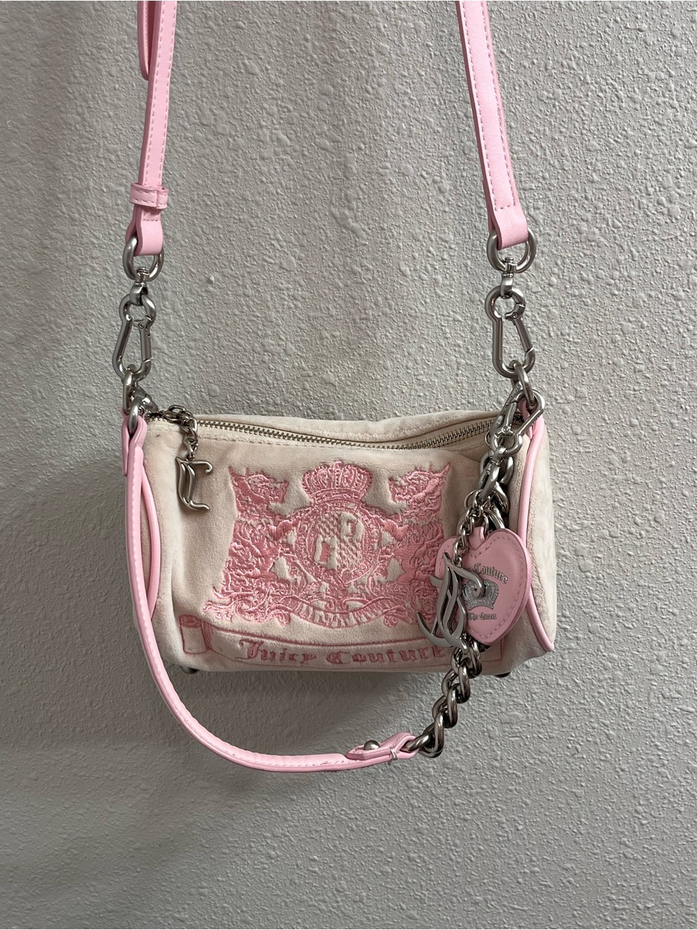 Juicy Couture Cream and Pink Embroidered Mini Crossbody